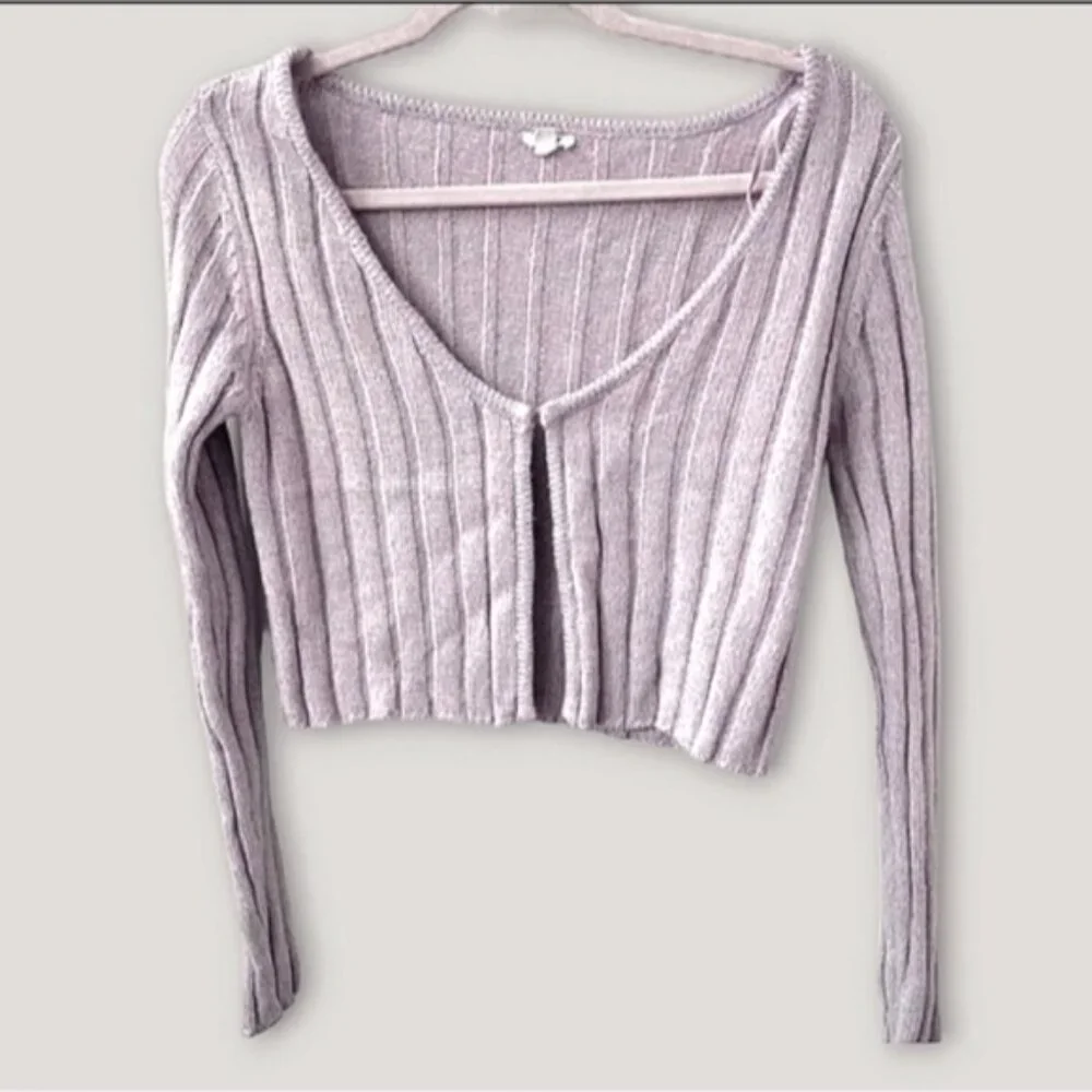 Garage Cotton Knit Ribbed Lilac Cropped Cardigan - Picture 4 of 10
